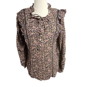 Fat Face Black Floral Ruffled Tie Neck Shirt